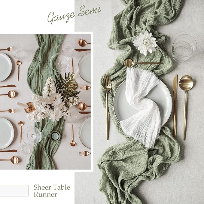 Showgeous 18 Pack Sage Green Cheesecloth Table Runner, 10FT Long Semi-Sheer Boho or Rustic Gauze Table Runner Wedding Table Decor for Wedding Arch Draping Bridal Shower Holiday Party St Patricks Day