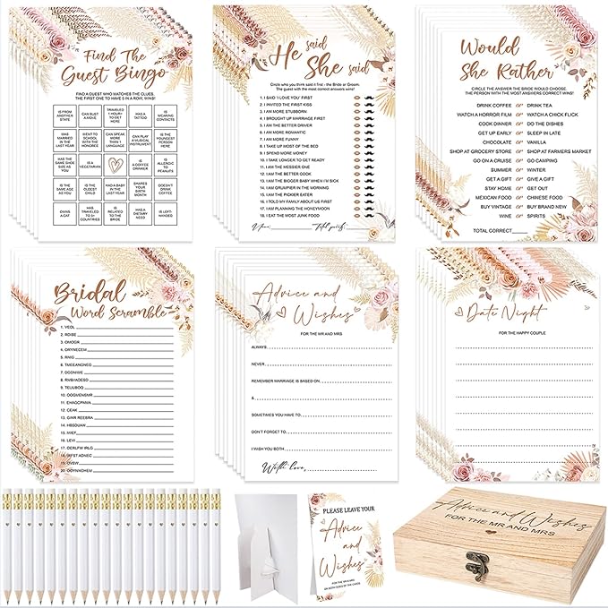 Silipull Bridal Shower Games Set for 50 Guests Includes Bingo, He Said She Said, Scramble, Would She Rather, Advice and Wishes Wedding Games Double Sided with Wooden Box, 20 Pencils (Boho)