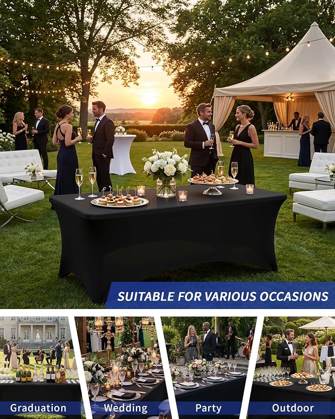 Fixwal 6 Pack Black Tablecloth Rectangle 8Ft, Stretch Spandex Fitted Table Cover for Party, Trade Show, Wedding, Buffet, Graduation, Vendor Stand