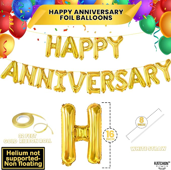 KatchOn, Gold Happy Anniversary Balloons Letters - Huge, 16 Inch | Gold Happy Anniversary Banner for Happy Anniversary Decorations | 1000 Pcs Artificial Red Rose Petals - Silk, Fake Rose Petals