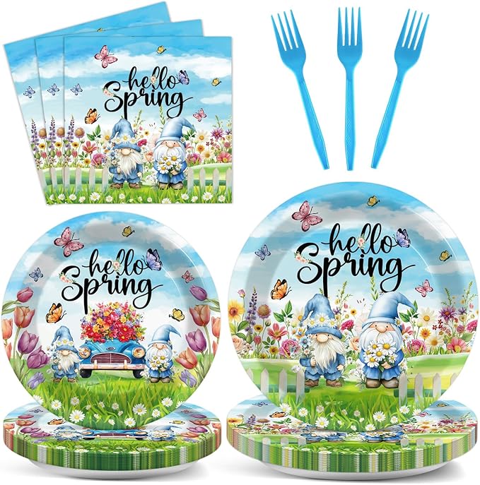 96Pcs Spring Party Supplies Hello Spring Paper Plates and Napkins Gnome Flower Butterfly Truck Tableware Disposable Dessert Dinnerware for Baby Shower Party for 24 Guests