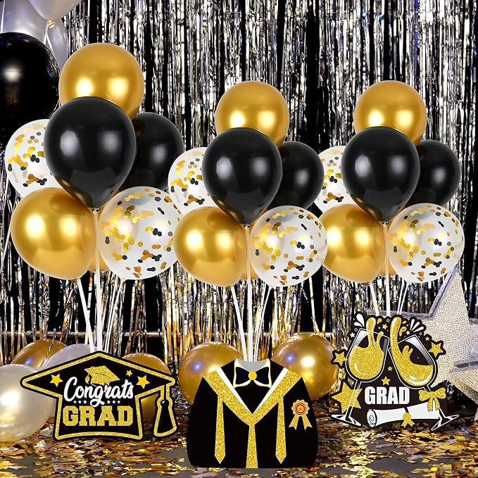 6 Sets Black Gold Graduation Balloon Stand Kit for Table Decorations Class of 2025 Congrats Grad Table Centerpiece Grad Prom Themed Decoration for Grad School & College Ceremonies Party Supplies