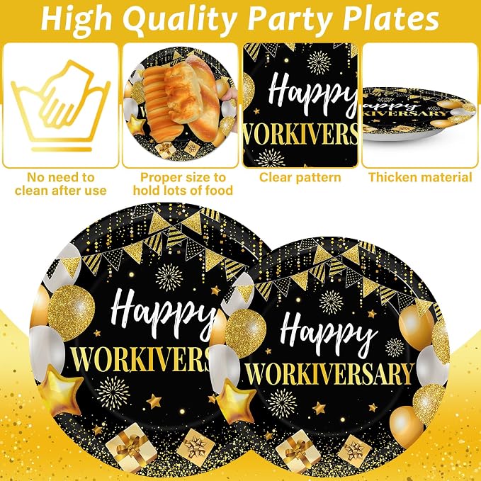 Justforjoyful 96Pcs Happy Work Anniversary Party Supplies Black Gold Happy Workiversary Tableware Dinnerware Set Worker Appreciation Plates Napkins Decorations for Women Men Office Employee Worker