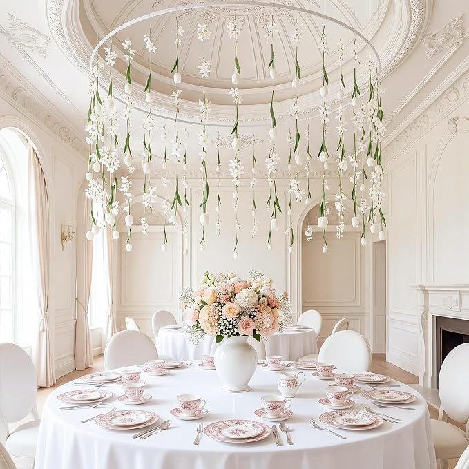 6 Pcs 35.4ft Artificial Tulips Hanging Flower Garlands with Hooks, Spring Faux Tulip and Wildflower Ceiling Vines, White Floral Backdrop for Wedding Party Home Wall Arch Decor