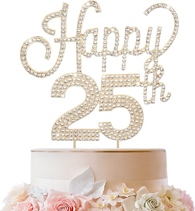 LINGTEER Happy 25th Birthday Gold Rhinestone Cake Topper - Cheers to 25th Birthday 25 Years Old Anniversary Party Cake Centerpieces Topper Decorations Gift Sign.