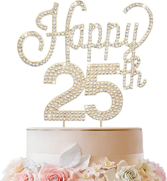 LINGTEER Happy 25th Birthday Gold Rhinestone Cake Topper - Cheers to 25th Birthday 25 Years Old Anniversary Party Cake Centerpieces Topper Decorations Gift Sign.