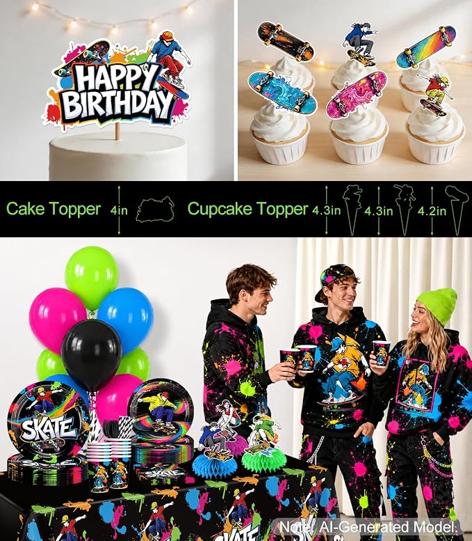 215Pcs Skateboard Birthday Party Decorations, All-in-One Party Supplies Includes Banner, Cake Cupcake Topper, Balloons, Plates and Napkins, Easy Setup Skate Party, Serves 25