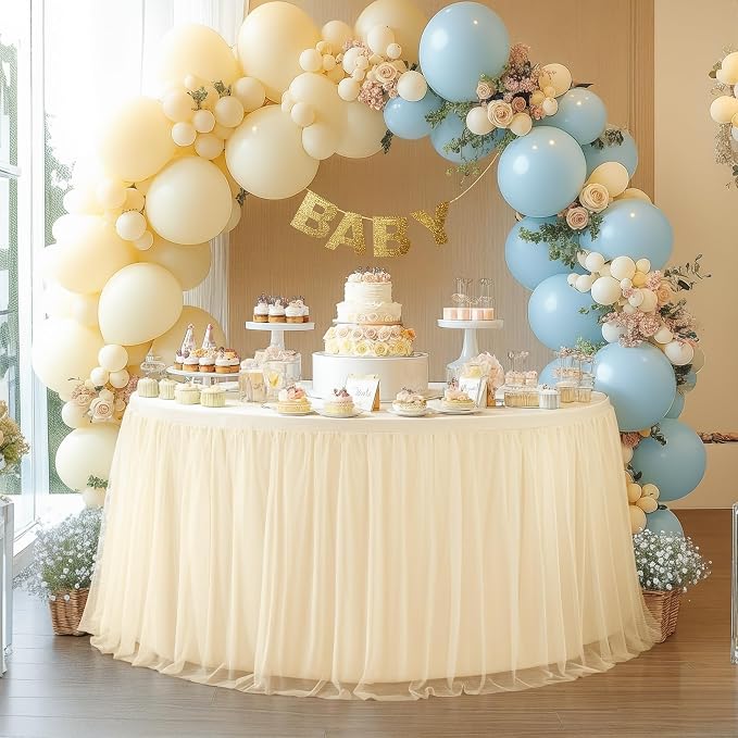 HB HBB MAGIC Champagne Round Tablecloth 48 inch Stretchy Elastic Fitted Round Table Cloth Cover 120 inch, Tulle Table Cloth with Skirt Wedding Birthday Party Cake Banquet Tables Decorations