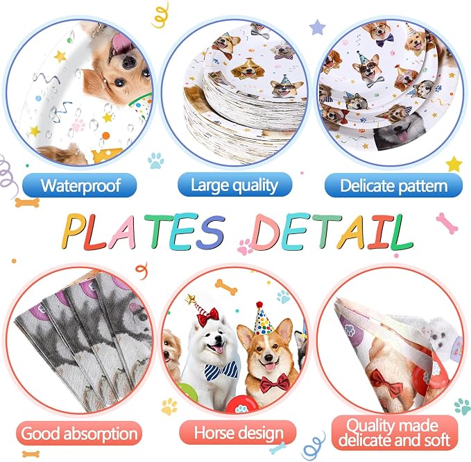 Potchen 452 Pcs Party Supplies Serve 50 Guests, Paper Plates Napkins Cups Cutlery Plastic Tablecloth Dinnerware for Birthday Wedding Party Decoration(Colorful, Dog Birthday)