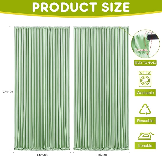 Wokceer Sage Green Backdrop Curtain for Wedding Parties 10x10FT Photo Polyester Backdrop Drapes for Wedding Photoshoot Baby Shower Birthday Party Curtains Photography Background 2 Panels 5x10FT