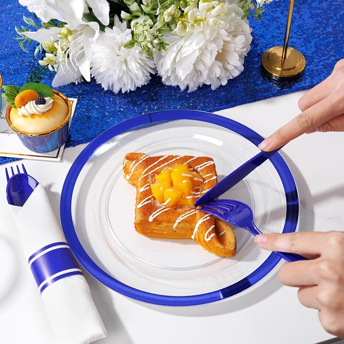 Liacere 350PCS Blue Plastic Plates - Clear with Blue Trim for 50Guests Dinnerware Include 100 Clear Plates disposable 150 Silverware 50Napkins for Wedding＆party&Graduation&Summer