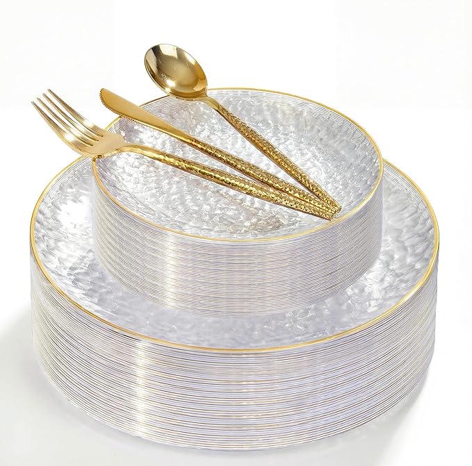 I00000 150Pcs Clear Plastic Plates with Gold Rim,Clear Disposable Plates with silverware,Gold hammer patterned plates Set include 30 Dinner Plate,30 Dessert Plate,90 Silverware Set for Party
