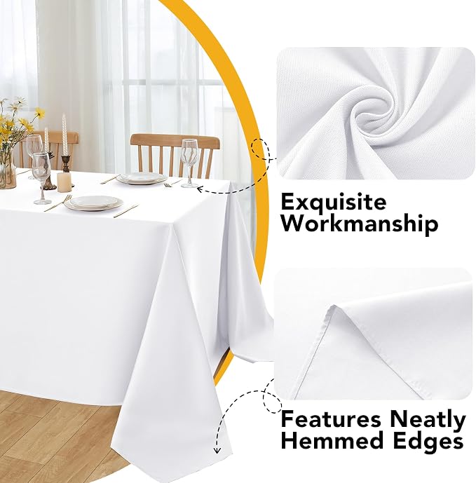 6-Pack White Tablecloths for Rectangle Tables, 60 x 102 Inches, Stain-Resistant Polyester Fabric for 6 Foot Tables - Washable Table Covers for Weddings, Banquets, Birthday, Parties, Events