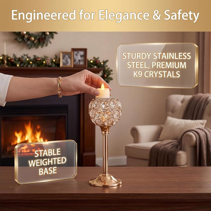 Gold Crystal Tealight Candle Holder Set of 9, Elegant Gold Candles Table Centerpieces, Tall Bling Bowl Candelabra Decor for Wedding, Dining Table, Fireplace Mantel & Party Decoration