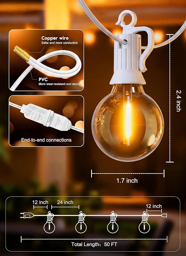 Brightown Outdoor String Lights, 50FT 25 G40 Bulbs Shatterproof Patio Lights, IP65 Waterproof Dimmable Hanging Connectable Globe LED Outdoor Lights for Backyard, Bistro, Porch, Deck, Balcony, White