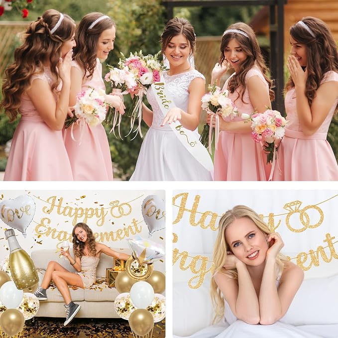 Trgowaul Champagne Gold Engagement Party Decorations, Happy Engagement Banner Backdrop, Bride&Groom Sash for Bridal Shower, Ring Foil Balloon, Just Engaged Cake Topper Wedding Shower Decor