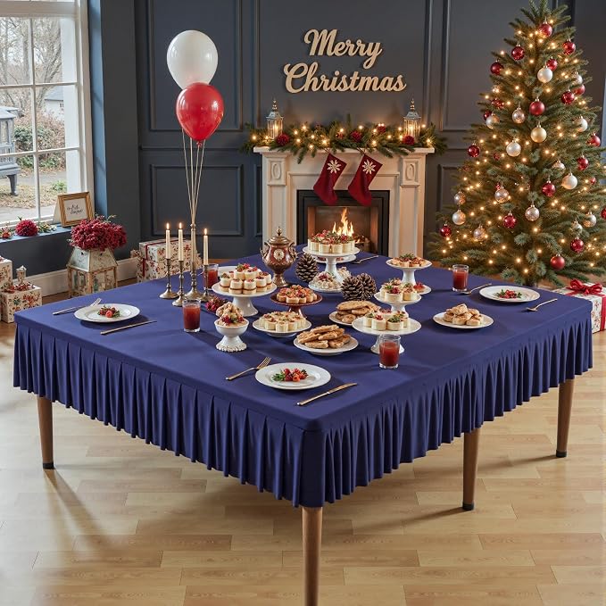 Wish Care Navy Blue Spandex Tablecloths for 60x60 Inch Square Tables, Stretch Fitted Table Clothes with Pleated Ruffle Skirt for 60” Table, Wrinkle Free and Elastic, for Party Kitchen Home Dining