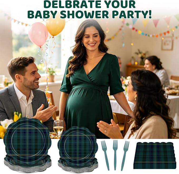 96 Pcs Tartan Plaid Baby Shower Plates and Napkins Set, Blue Green Baby Shower Party Supplies for 24 Guests include Disposable Green Tartan Scalloped Plates, Napkins and Forks for Baby Shower Wedding