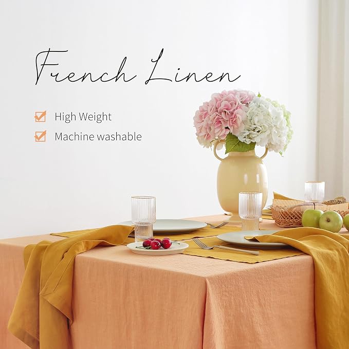 Linen World Vintage Tablecloths 60x108 Inch,100% French Linen Tablecloth,Classic Vintage Washed Table Cloths for Kitchen,Outdoor,Weddings,Decorative Thanksgiving Christmas,Pale Peach
