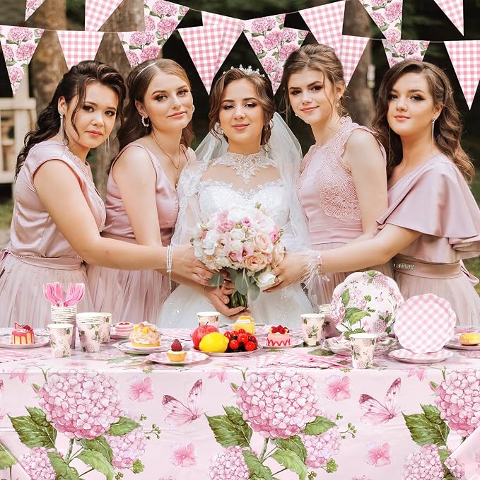 LemonRoad 128 Pcs Pink Gingham Hydrangea Party Decoration for 25, Pink and White Floral Checkered Paper Plates Napkins Cups Tablecloth Forks Banner for Bridal Baby Shower Birthday Tea Party Supply