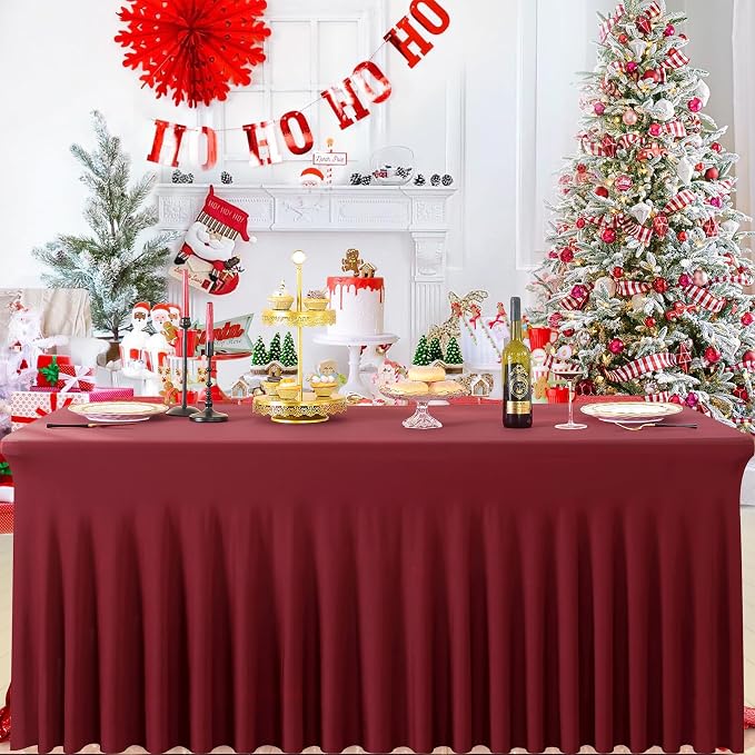 6 Pack Burgundy Spandex Tablecloth for 6 Foot Rectangle Tables, Wrinkle Free Fitted Table Cloth Cover 6ft Maroon Stretchy Tablecloths with Skirt for Parties Weddings Birthday Banquet Baby Shower