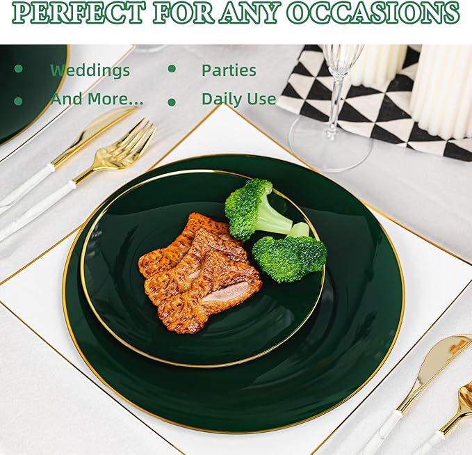 Lullaby 100PCS Green and Gold Plastic Plates, Disposable Green Plastic Plate with Gold Rim, 50PCS Dessert Plates 7" and 50PCS Dinner Plates 10", Perfect for Party Wedding and Daily Use