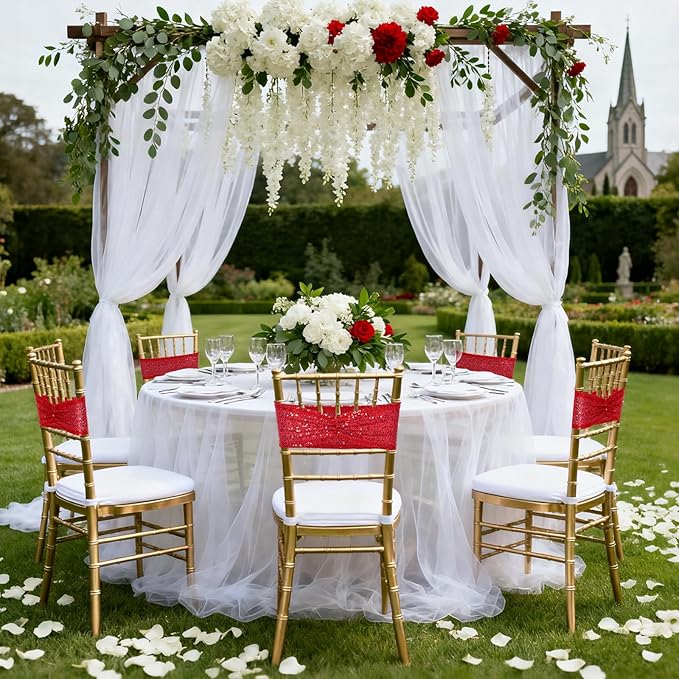 SquarePie Pack of 50 Sequin Chair Sashes Bows Glitter Red Chair Covers Bands for Wedding Banquet Birthday Party Decor