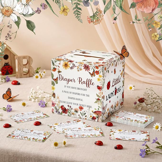 Teling 51 Pieces Diaper Raffle Tickets Box with Card Baby Shower Decorations Gender Reveal Holder Box for Girl Boy Diaper Raffle Party (Love Bug Style)
