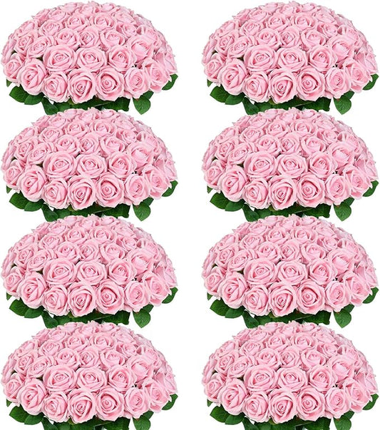 200 Pcs Pink Roses Artificial Flowers, Real Touch Velvet Roses Bouquet Fake Flowers Bulk, Artificial Roses with Long Stems for Birthday Gift Women Mom DIY Bridal Wedding Centerpiece Decorations