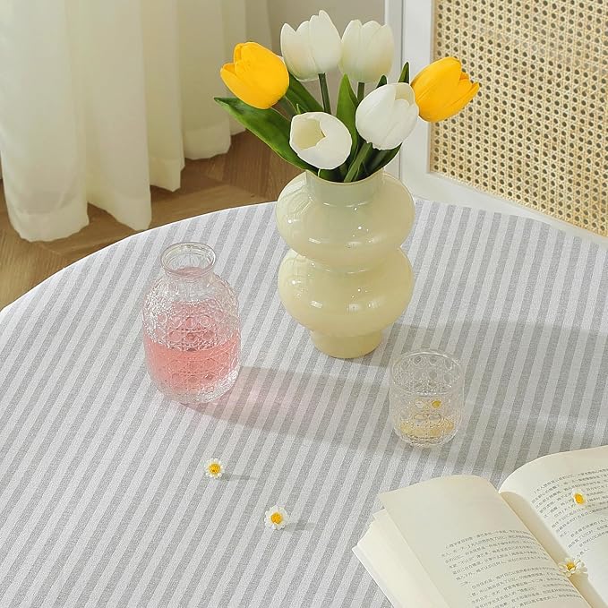meioro Striped Tablecloth Round Tablecloths Cotton Blend Table Cloth Washable Tabletop Decorative Fabric Table Cover for Kitchen Dinning (Grey, Round 60 Inch)