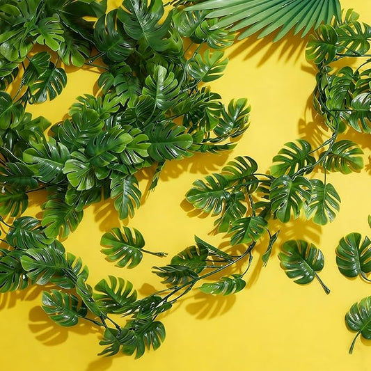 Zeyune 6 Pcs Artificial Monstera Leaf Vines 5.9 ft Fake Hanging Plant Ivy Tropical Palm Leaves Greenery Garland Monstera Faux Vine for Wedding Party Outdoor Decor Garden Porch Jungle Hawaiian Beach