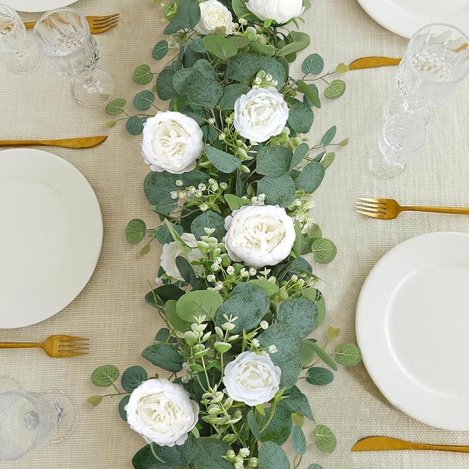 SOMYTING 2 Pack 13FT Flower Garland, Artificial Rose Vine Fake Flower Garland Silk Rose Peony Hanging Vine Faux Floral Vine for Wedding Party Arch Table Wall Backdrop Decoration (White)