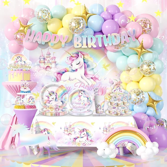 289 Pcs Unicorn Birthday Decorations, Worry-Free One-Stop Set Serves 25 Guests, with Laser Banner, Backdrop, Thick Plates and Cake Stand, Easy Setup for Unicorn Party Decorations