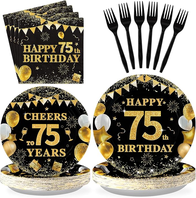 Grencian 96PCS 75th Birthday Party Decorations 75th Birthday Plates and Napkins Disposable Paper Tableware Set for Men Women Cheers to 75 Years Old Party Supplies, Serves 24