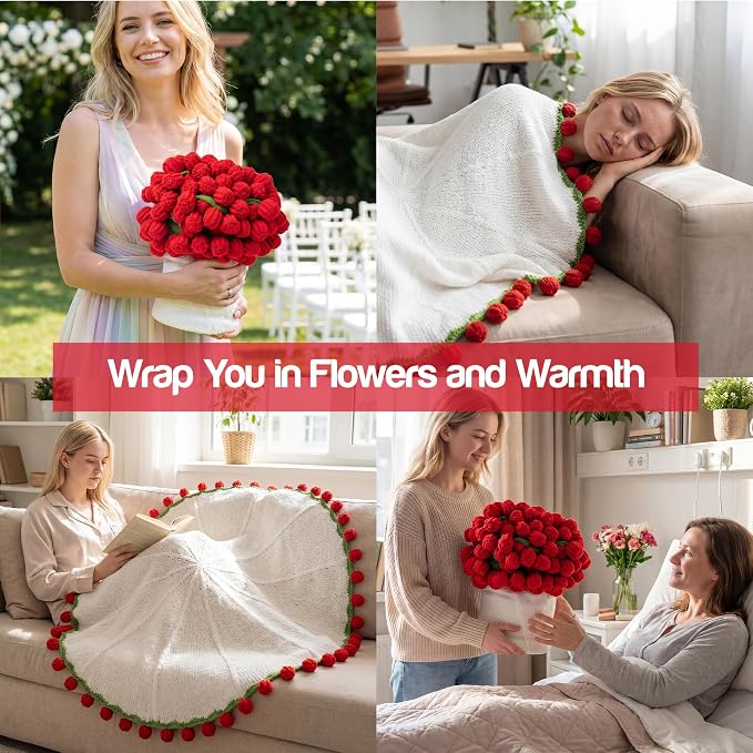 Handmade Knitted Crochet Flower Bouquet Blanket 63in, Birthday Gifts for Women, Anniversary, Wedding, Romantic Gifts for Wife Girlfriend Mom Sister Friends, Throw Blanket, Home Decor