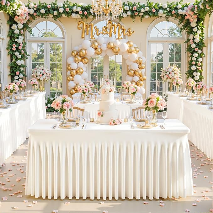 4 Pack Ivory Spandex Tablecloths for Rectangle Tables 8 Foot Ivory Stretch Table Cloth Rectangle 8ft Elastic Fitted Table Cover with Skirt for Wedding Birthday Party Banquet Baby Shower Buffet Event