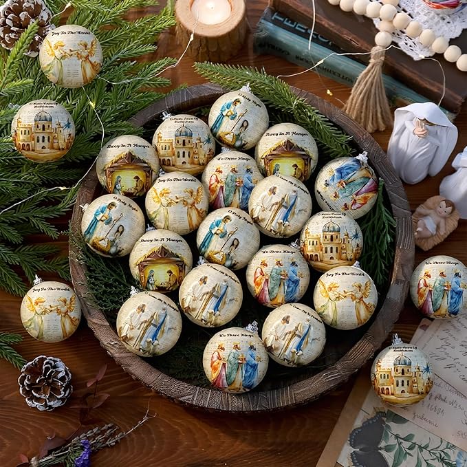 Outus 24 Pcs Nativity Scene Christmas Tree Ornaments Ball Christmas Jesus Decorations for Tree Vintage Christian Religious Hanging Ornaments The Birth of Jesus Decor Religious Gifts for Christian