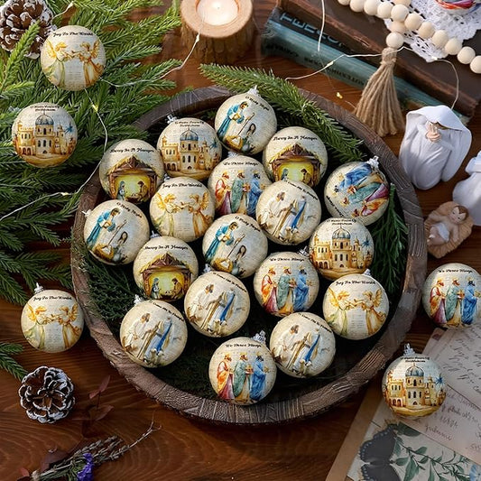 Outus 24 Pcs Nativity Scene Christmas Tree Ornaments Ball Christmas Jesus Decorations for Tree Vintage Christian Religious Hanging Ornaments The Birth of Jesus Decor Religious Gifts for Christian
