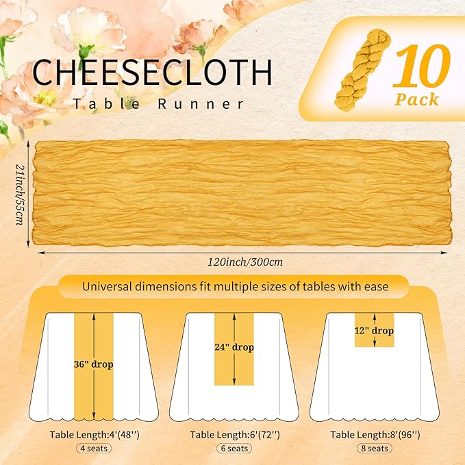 10 Pack Gold Cheesecloth Table Runner 10FT Boho Gauze Cheese Cloth Table Runners Romantic Rustic Sheer Table Decorations for Wedding Party Baby Shower Birthday Holiday Home