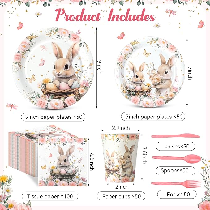 400 Pcs Bunny Birthday Party Decorations for 50 Guests, Pink Floral Bunny Paper Plates and Napkins Cups Cutlery Rabbit Disposable Tableware Set for Spring Baby Shower Birthday Supplies