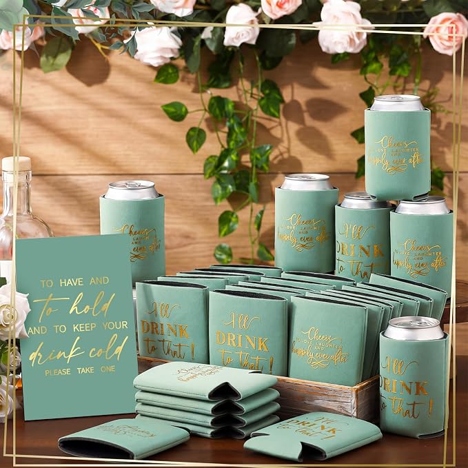 SiliFine 101 Pcs Green Wedding Can Cooler Bulk Engagement Party Favors for 100 Guests Cheers to Love Laughter, and I'll Drink Can Cooler with Wooden Wedding Table Sign Bridal Shower Favor
