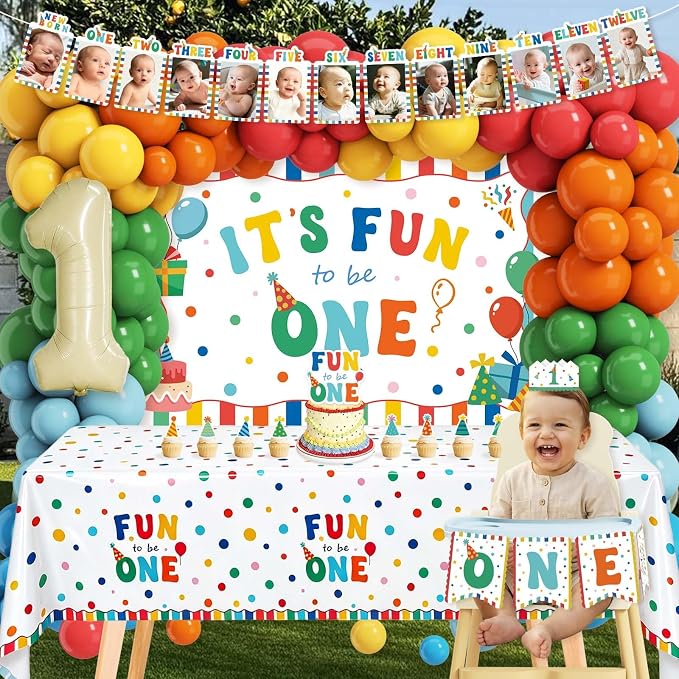 Fun to be One Birthday Decorations Balloon Kit, 127Pcs Its Fun to be One Birthday Tablecloth, Backdrop, 1st Birthday Month Banner, High Chair Banner, ONE Box, Balloon Arch, Crown, Cake Toppers