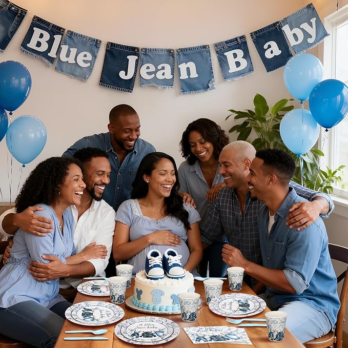Yungyan 168 Pcs Blue Jean Baby Shower Birthday Party Decoration Disposable Blue Paper Plates Napkins Tableware Set for Boho Rustic Country Bridal Birthday Baby Shower Party Supplies Serves 24