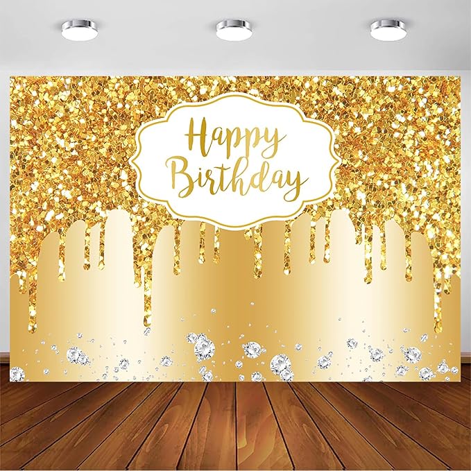 Baocicco 12x10ft Gold Happy Birthday Backdrop Modern Luxury Glitter Diamond Photography Background for Women Girls Sweet Princess Birthday Party Bridal Shower Decor Banner Supplies Photo Booth Props