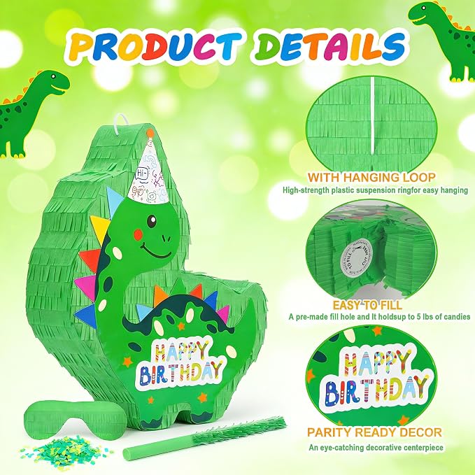 Dinosaur Piñata - Green Dinosaur Piñata with Stick, Blindfold and Confetti for Animal Themed Birthday Party Game Supplies Decorations (16”x12”x3”)