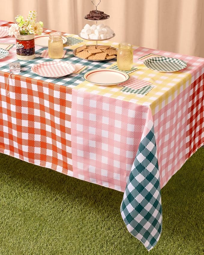 xo, Fetti Gingham Checkered Washable Tablecloth - 9ft. | Camp Bachelorette Party Supplies, Getting Lit + Getting Hitched, Glamping Birthday Party Decorations, Pastel Baby Shower, Cute Tableware