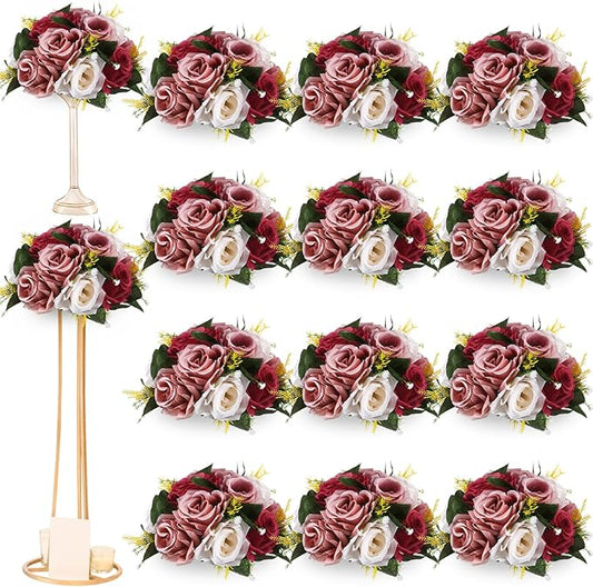 Hotop 12 Pcs Artificial Rose Flower Balls for Centerpieces, Silk Roses Kissing Balls Romantic Faux Floral Arrangements for Engagement Wedding Home Decor (Burgundy,Dusty Pink,Creamy White)