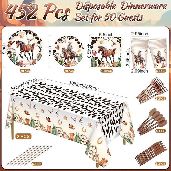 Potchen 452 Pcs Party Supplies Serve 50 Guests, Paper Plates Napkins Cups Cutlery Plastic Tablecloth Dinnerware for Birthday Wedding Party Decoration(Multicolor, Western Cowboy)