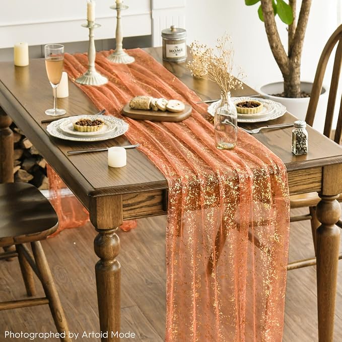 Artoid Mode 10PCS Orange Gold Gauze Table Runner 120 Inch 10FT, Glitter Metallic Foil Sheer Dining Wedding Anniversary Holiday Table Decor for Home Party