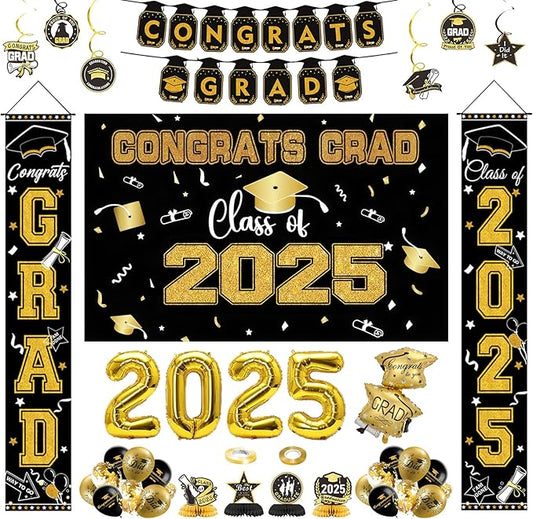 Graduation Decorations Class of 2025 - Black and Gold Graduation Party Supplies Include Backdrop, Banner, Hanging Swirls, Porch Sign, Balloons, Foil Number 2025 for Congrats Grad Decorations